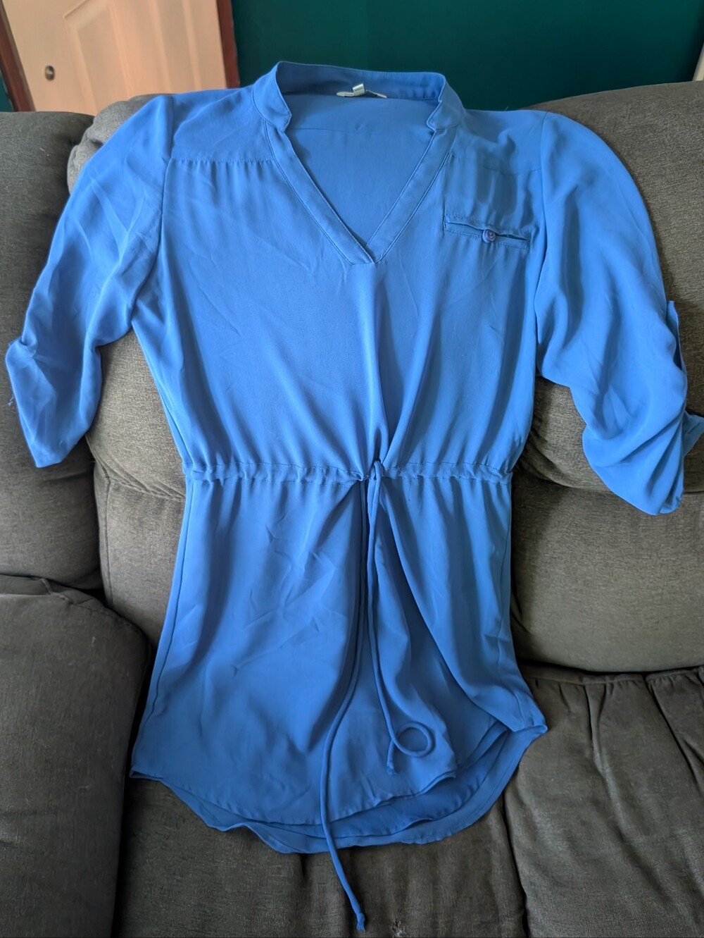 Naked Zebra Blue V-Neck Drawstring Tunic Dress